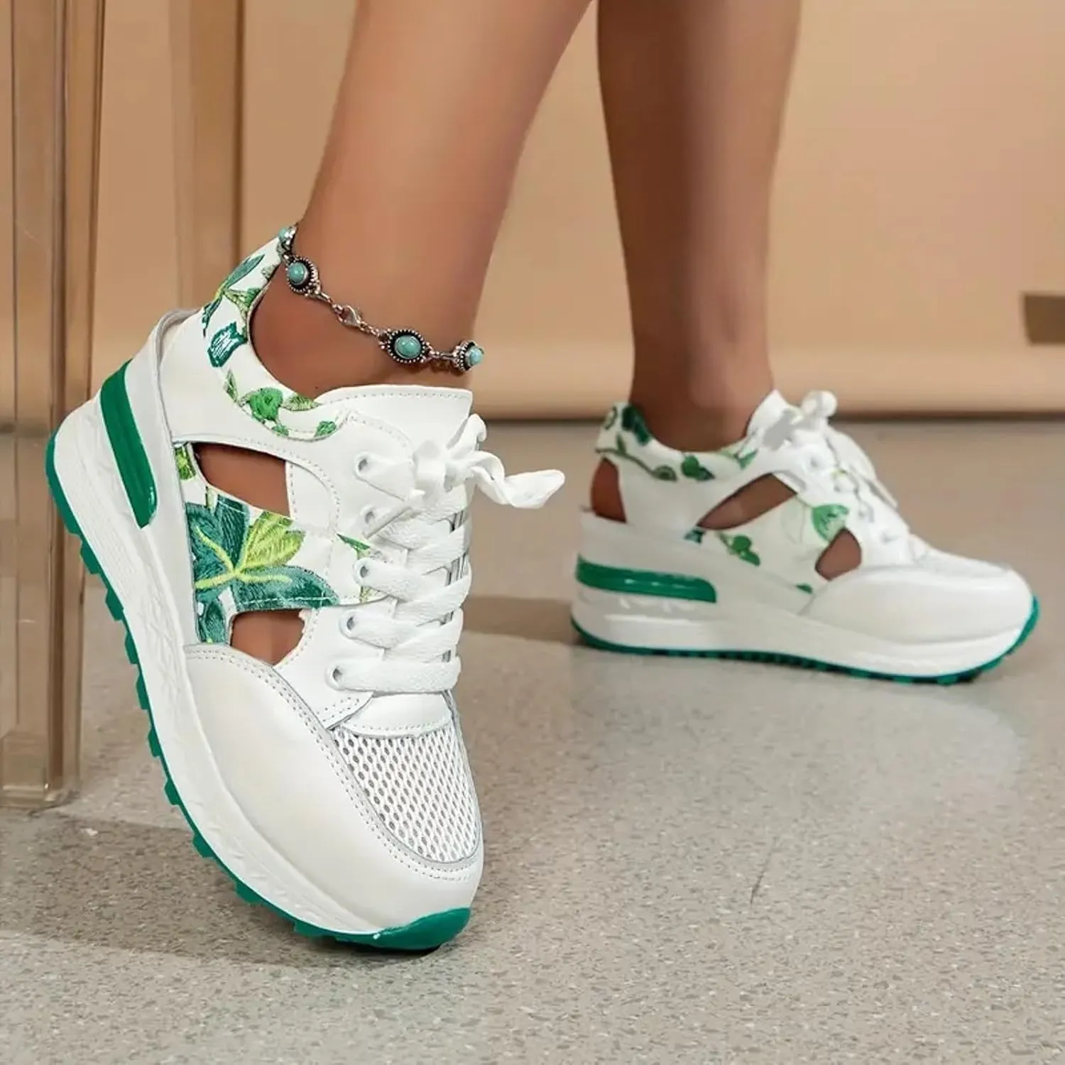2025 Closed Toe Sandals for Women Fashion Lace Up Walking Footwear Breathable Cut-Out Loafer Shoes Summer Indoor/Outdoor Open Soft Sole Casual Wedge Heel Shoe Comfortable Ladies Dress Non-Slip Slipper