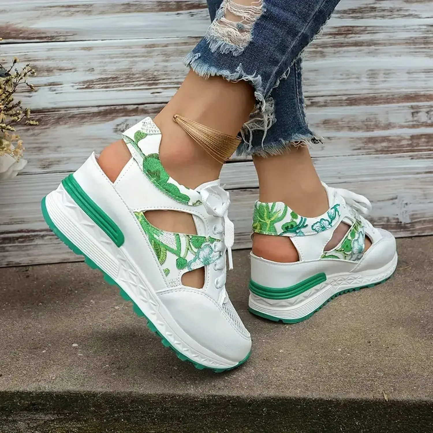 2025 Closed Toe Sandals for Women Fashion Lace Up Walking Footwear Breathable Cut-Out Loafer Shoes Summer Indoor/Outdoor Open Soft Sole Casual Wedge Heel Shoe Comfortable Ladies Dress Non-Slip Slipper