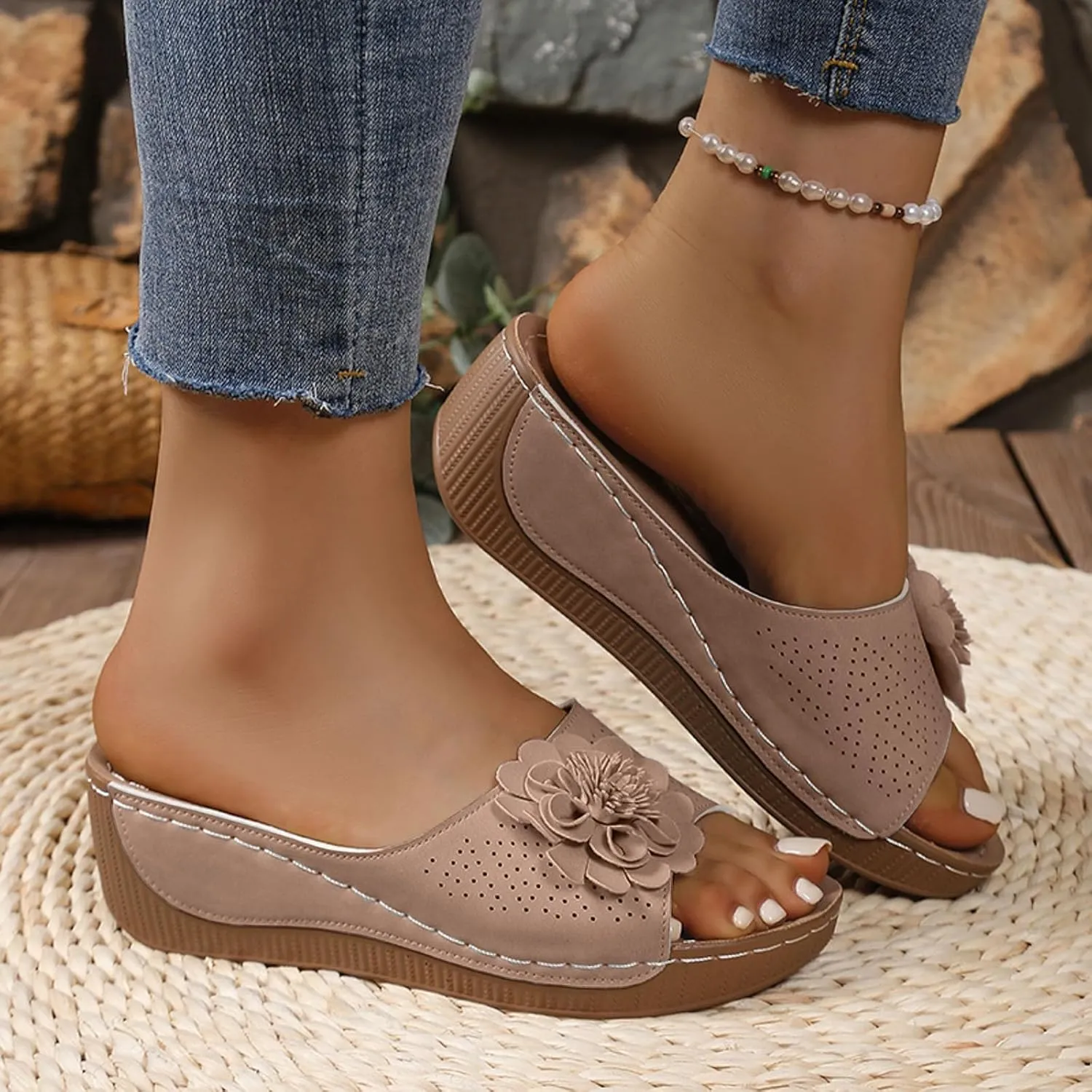 2025 Orthopedic Sandals for Women Fashion Cute Flower Walking Footwear with Arch Support Comfortable Ladies Dressy Wedge Heel Shoe Breathable Non-Slip Open Toe Soft Sole Casual Slides