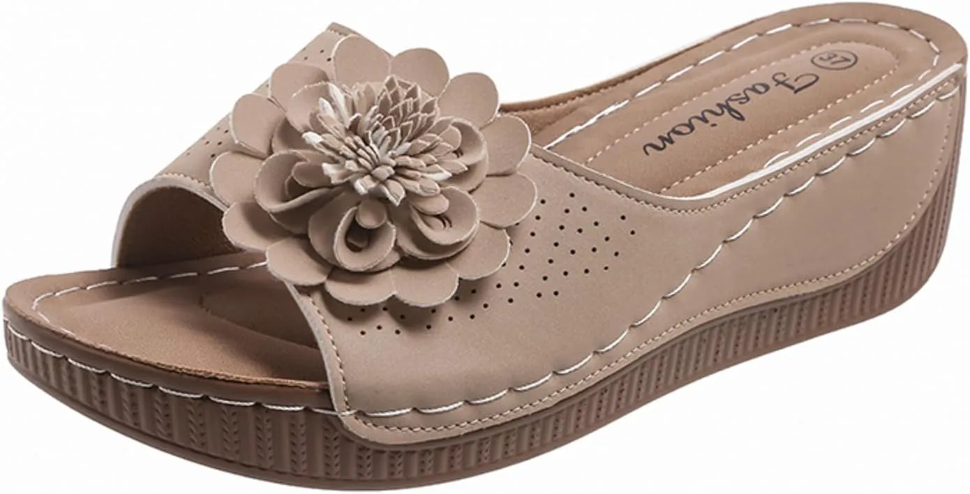 2025 Orthopedic Sandals for Women Fashion Cute Flower Walking Footwear with Arch Support Comfortable Ladies Dressy Wedge Heel Shoe Breathable Non-Slip Open Toe Soft Sole Casual Slides