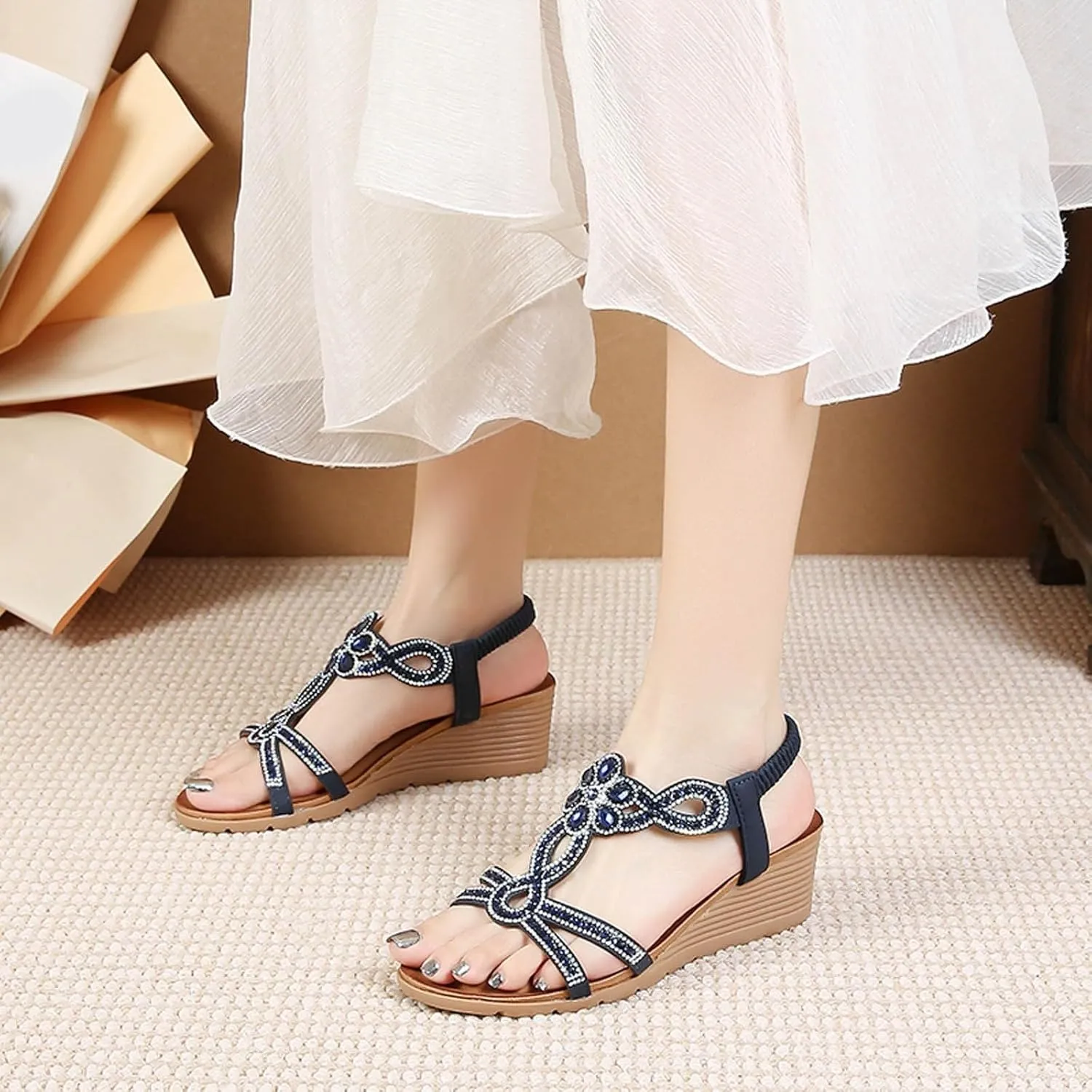 2025 Wedge Sandals for Women Comfortable Breathable Party Dance Casual Shoe Fashion Bohemian Roman Dressy Wedding Slippers Outdoor Summer Soft Sole Vacation Footwear with Elastic Ankle Strap