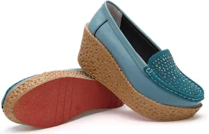 Aceptolcom Women Suede Rhinestones Wedge Loafers Casual Comfort Non Slip Good Arch Support Slip On Platform Loafers Moccasins Walking Shoes
