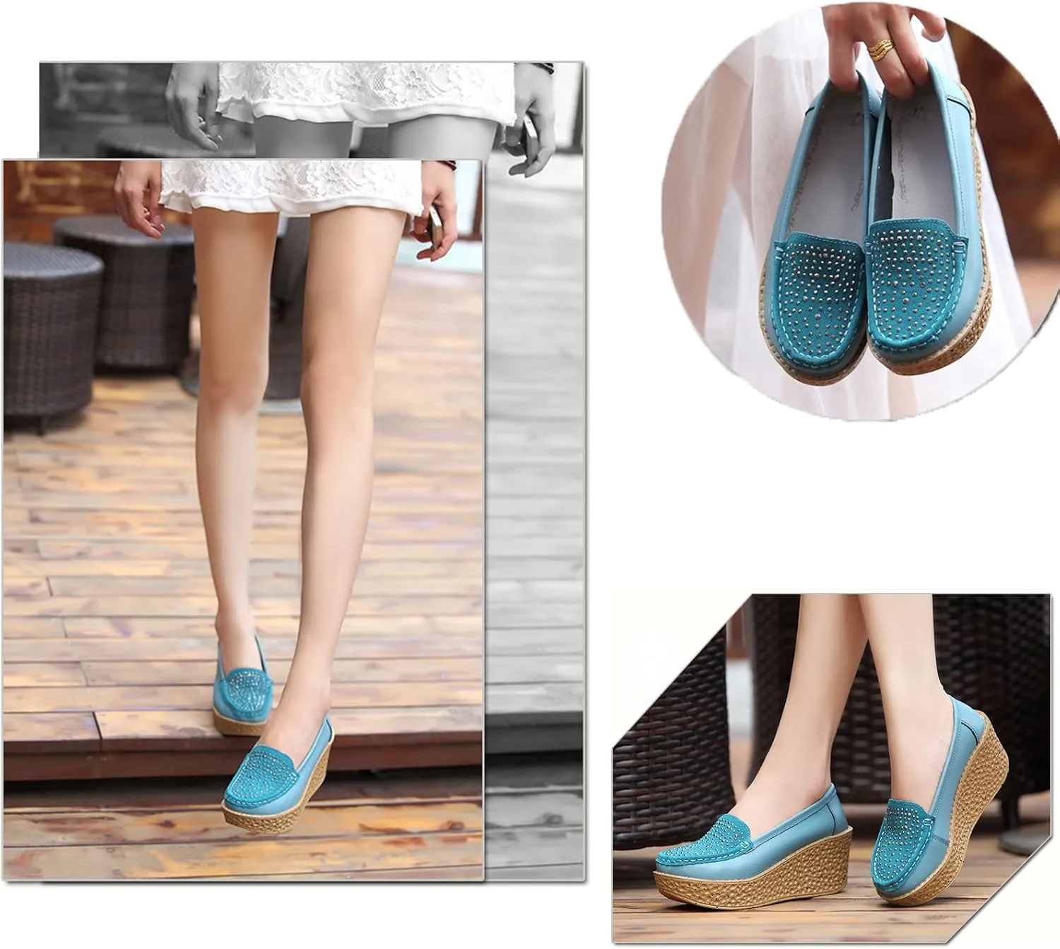 Aceptolcom Women Suede Rhinestones Wedge Loafers Casual Comfort Non Slip Good Arch Support Slip On Platform Loafers Moccasins Walking Shoes