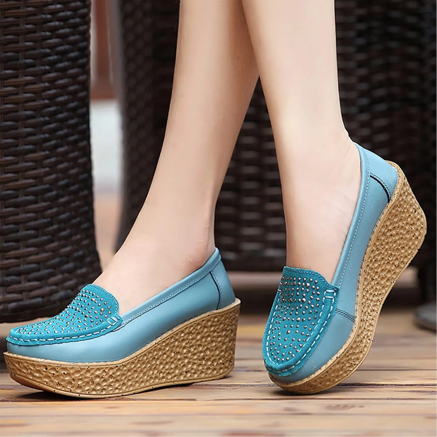 Aceptolcom Women Suede Rhinestones Wedge Loafers Casual Comfort Non Slip Good Arch Support Slip On Platform Loafers Moccasins Walking Shoes