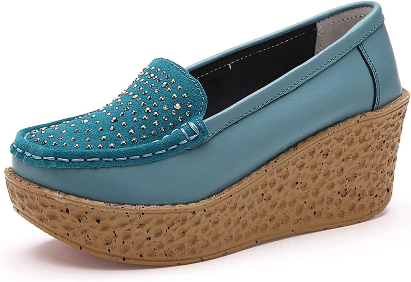 Aceptolcom Women Suede Rhinestones Wedge Loafers Casual Comfort Non Slip Good Arch Support Slip On Platform Loafers Moccasins Walking Shoes
