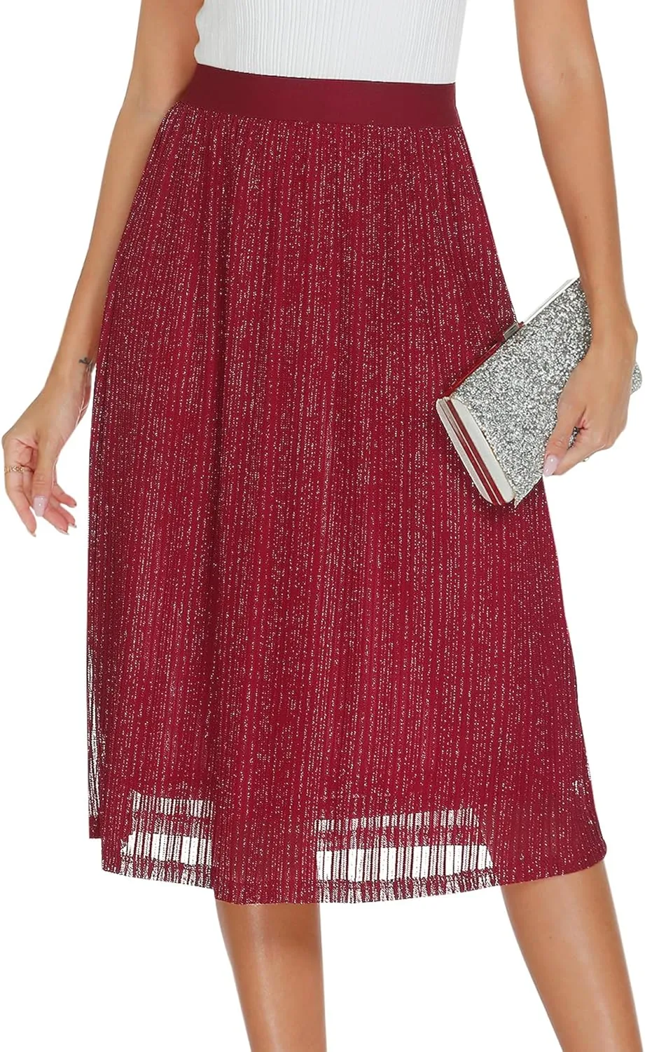 AIMCOO Womens Sequin Skirt Stretchy High Waisted Skirt Sparkly Pleated Midi Skirt 2025 Chiffon Flowy A-line Casual Skirts