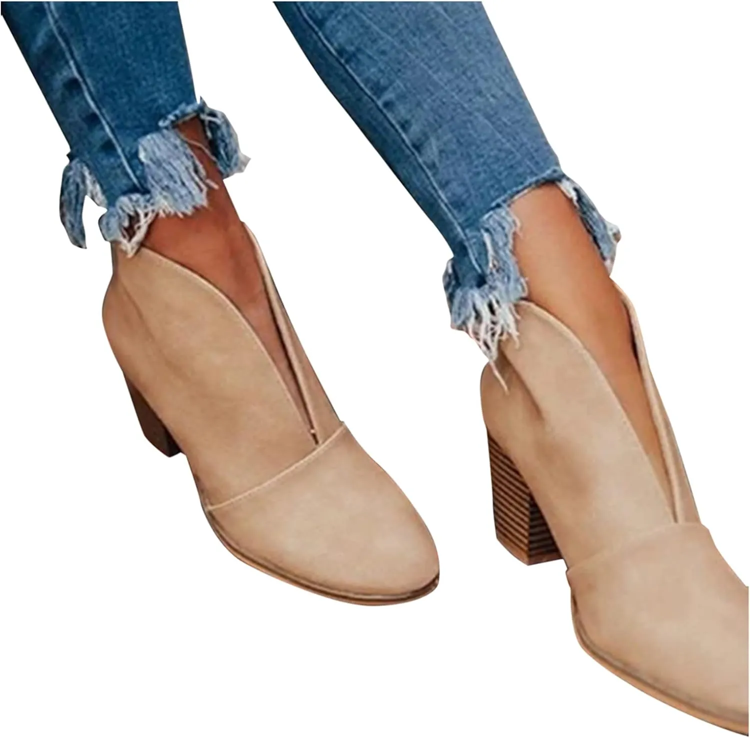 Ankle Boots for Women Front Deep V Cut Out Short Shoes Slip On Lightweight Comfort Non-Slip Chunky Stacked Heel Booties