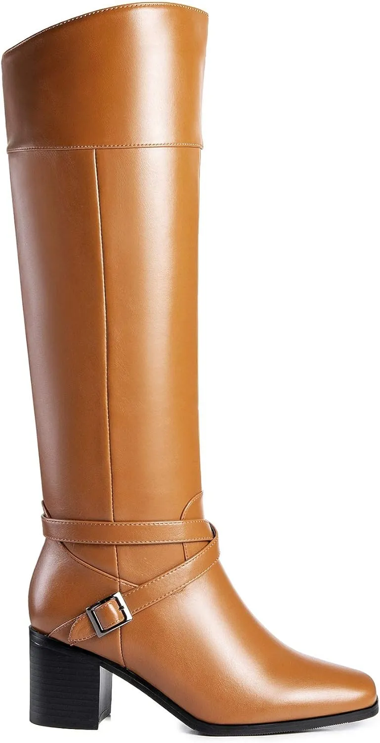 ANN CREEK 'Jumas' Women's Knee-high Square Toe Block Heel Crisscross Buckle Straps Cowboy Riding Boots