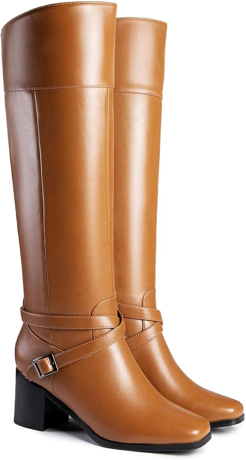 ANN CREEK 'Jumas' Women's Knee-high Square Toe Block Heel Crisscross Buckle Straps Cowboy Riding Boots
