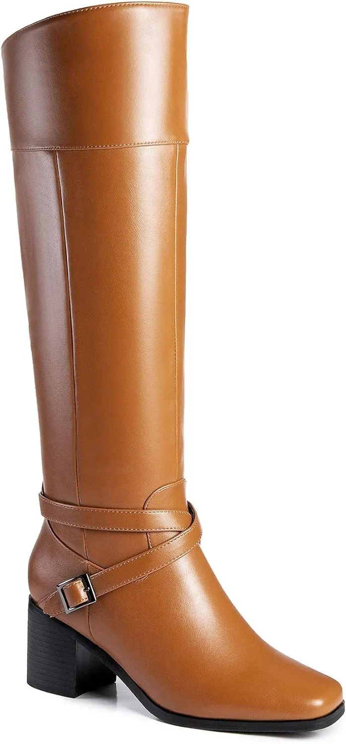 ANN CREEK 'Jumas' Women's Knee-high Square Toe Block Heel Crisscross Buckle Straps Cowboy Riding Boots