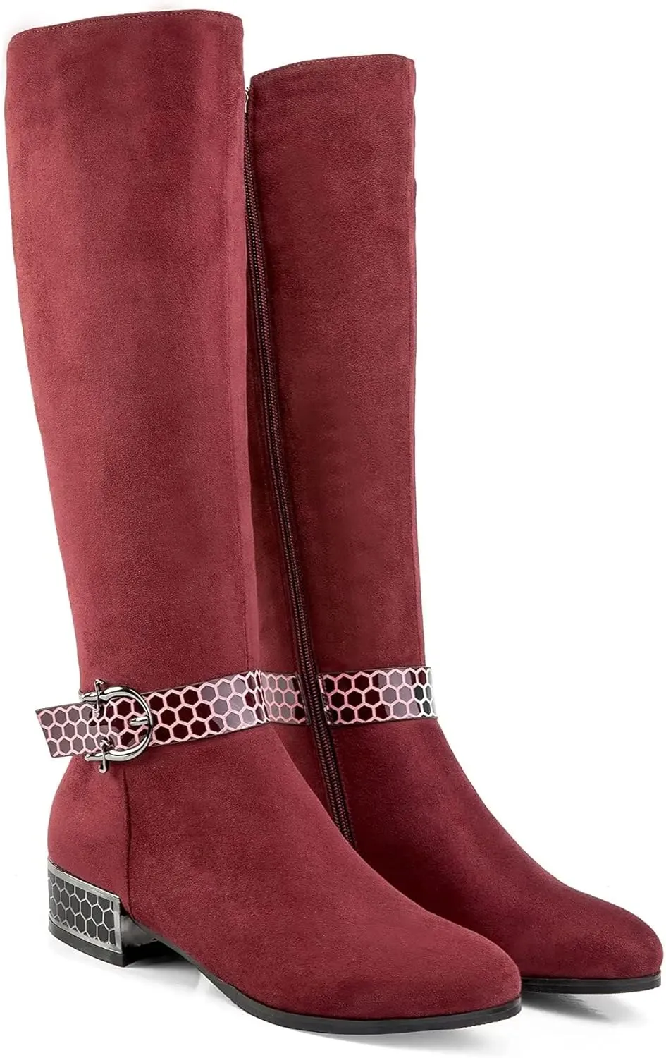 ANN CREEK Women's 'Orizea' Low Block Heel Beehive Patterned Straps Faux Suede Boots