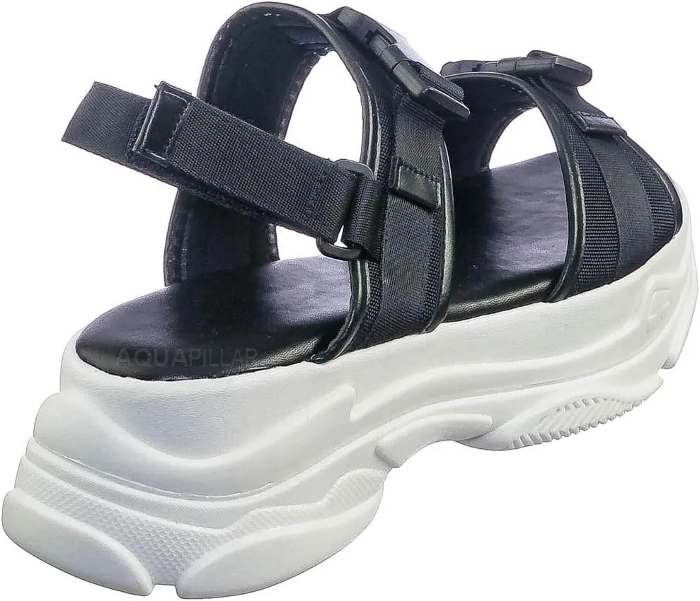 Athleisure Chunky Platform Sporty Sandal - Elastic Hook & Loop Slingbacks