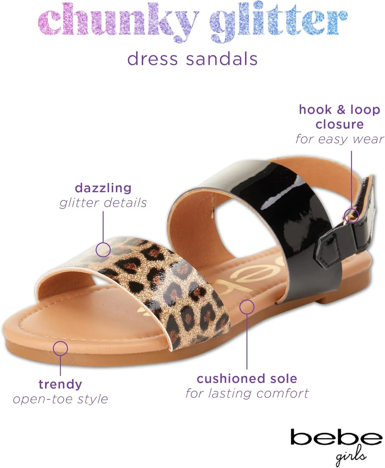 bebe Girls Sandals - Big girl and Toddler Girl Sandals with Durable Leather and Glitter Straps, Summer Dress Shoes for Girls