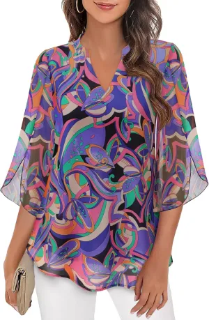 Bebonnie Womens Tops Dressy Casual Ruffle 3/4 Sleeve V Neck Double Layers Chiffon Blouses Tops