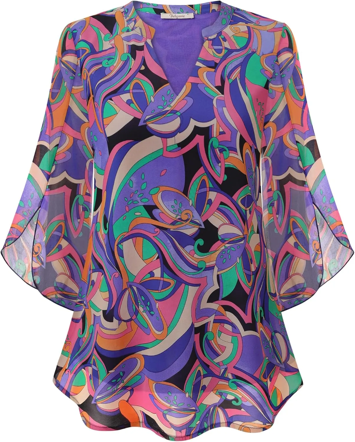 Bebonnie Womens Tops Dressy Casual Ruffle 3/4 Sleeve V Neck Double Layers Chiffon Blouses Tops