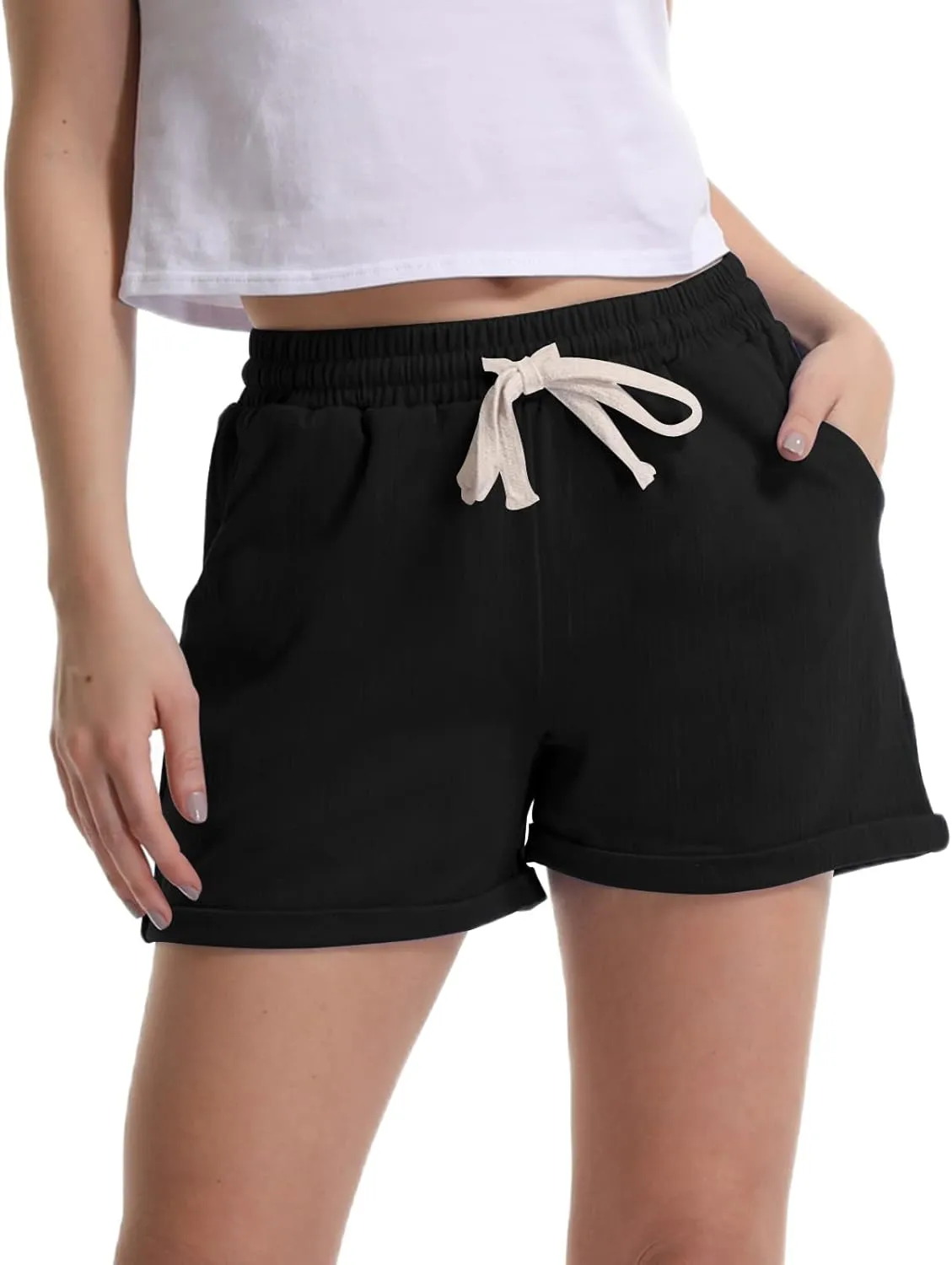 Bermuda Shorts for Women Cotton Linen Comfy Plus Size Elastic Waist Knee Length Travel Shorts for Summer Walking Beach