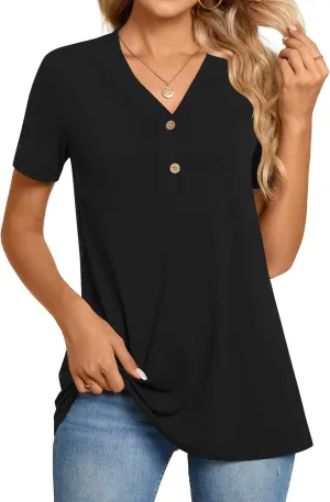 BISHUIGE Womens Henley Tunic Tops Button Up Tshirts Short Sleeve Vneck Casual Blouses