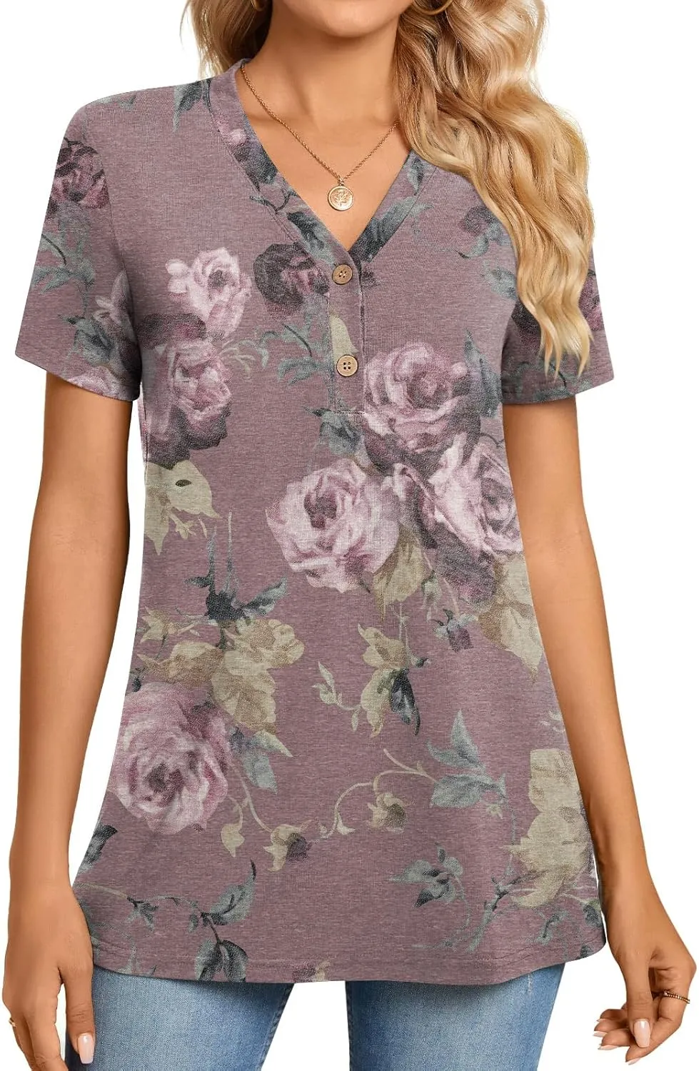 BISHUIGE Womens Henley Tunic Tops Button Up Tshirts Short Sleeve Vneck Casual Blouses