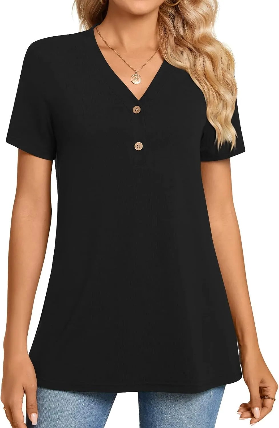 BISHUIGE Womens Henley Tunic Tops Button Up Tshirts Short Sleeve Vneck Casual Blouses