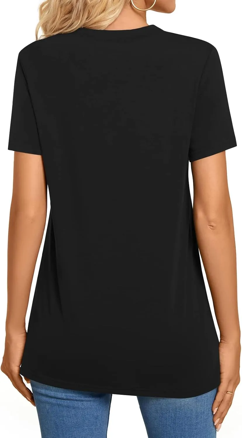 BISHUIGE Womens Henley Tunic Tops Button Up Tshirts Short Sleeve Vneck Casual Blouses