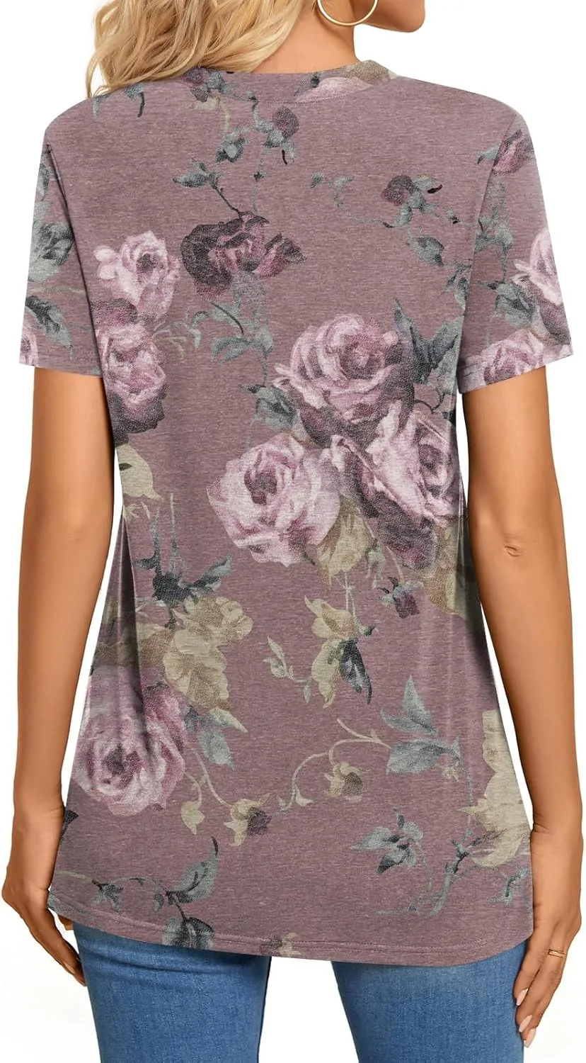 BISHUIGE Womens Henley Tunic Tops Button Up Tshirts Short Sleeve Vneck Casual Blouses