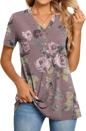 BISHUIGE Womens Henley Tunic Tops Button Up Tshirts Short Sleeve Vneck Casual Blouses