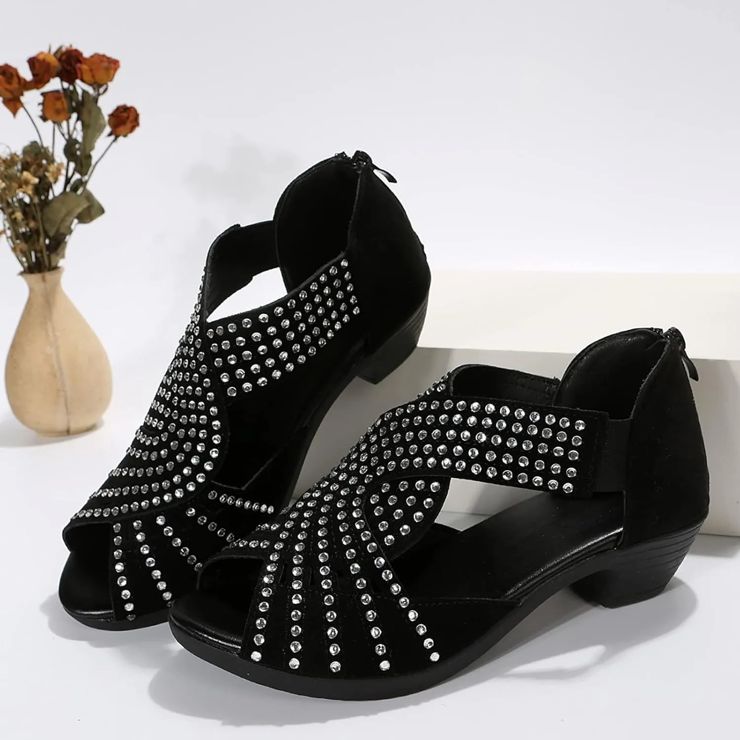 Black Sandals Women Open Toe Plus Size Zipper Shoes Casual Boho Western Extra Wide Comfortable Trendy Summer Sandals for Women