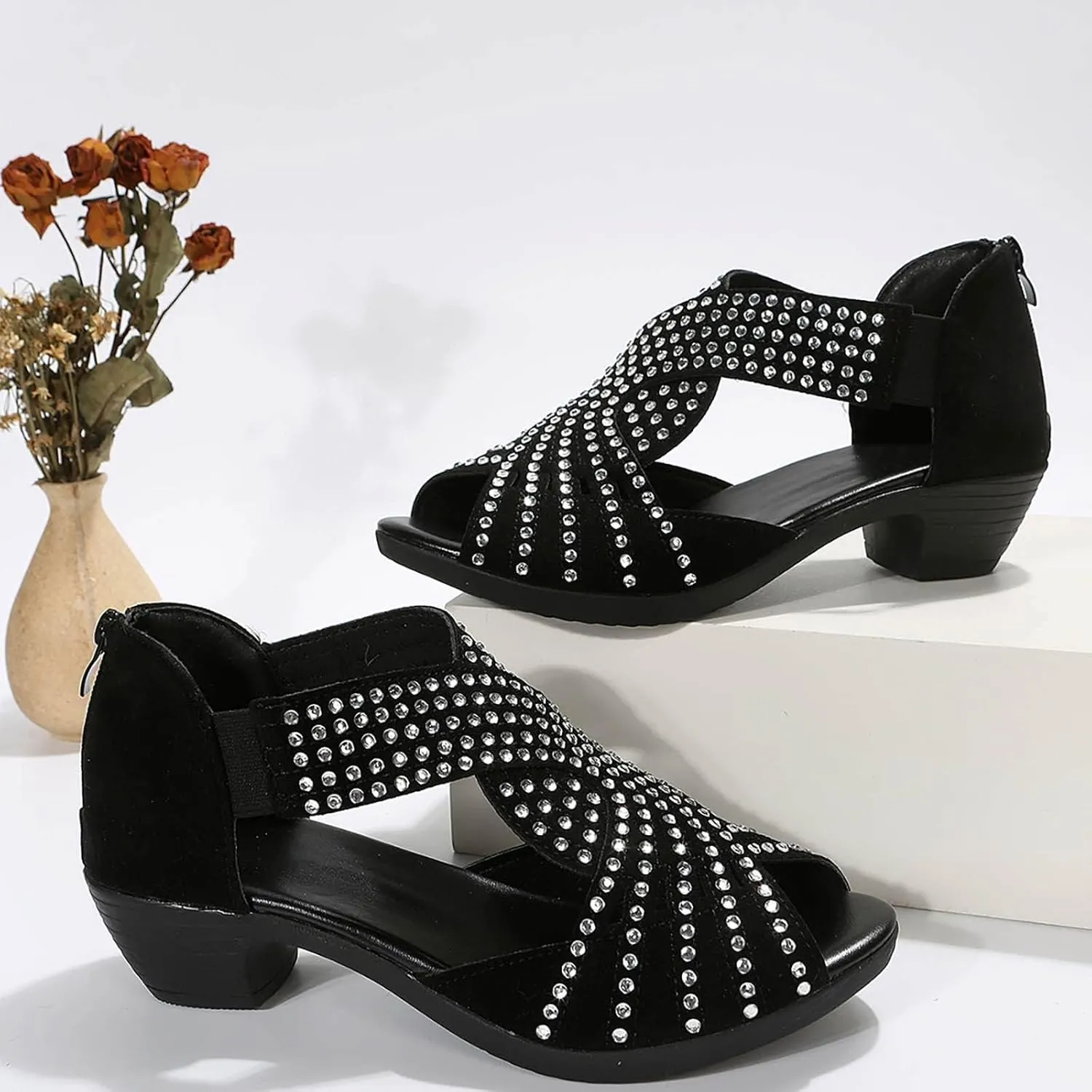 Black Sandals Women Open Toe Plus Size Zipper Shoes Casual Boho Western Extra Wide Comfortable Trendy Summer Sandals for Women