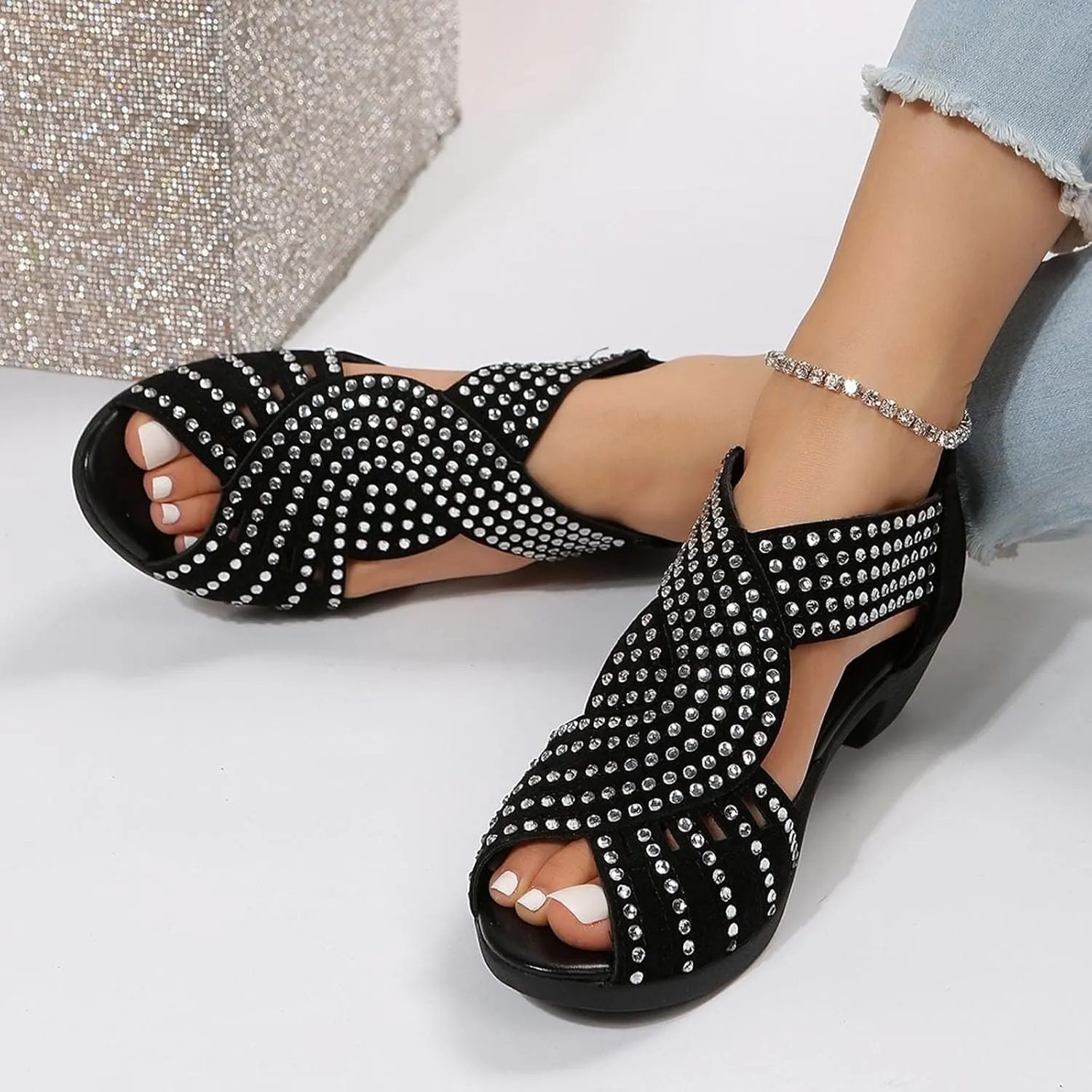 Black Sandals Women Open Toe Plus Size Zipper Shoes Casual Boho Western Extra Wide Comfortable Trendy Summer Sandals for Women