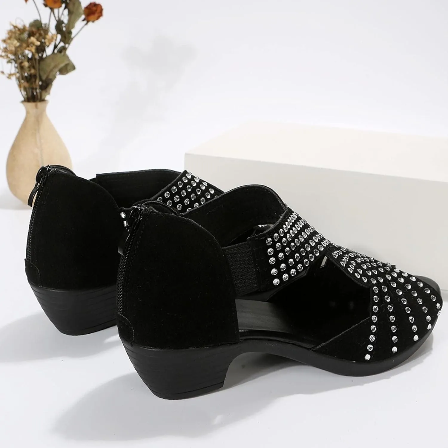 Black Sandals Women Open Toe Plus Size Zipper Shoes Casual Boho Western Extra Wide Comfortable Trendy Summer Sandals for Women