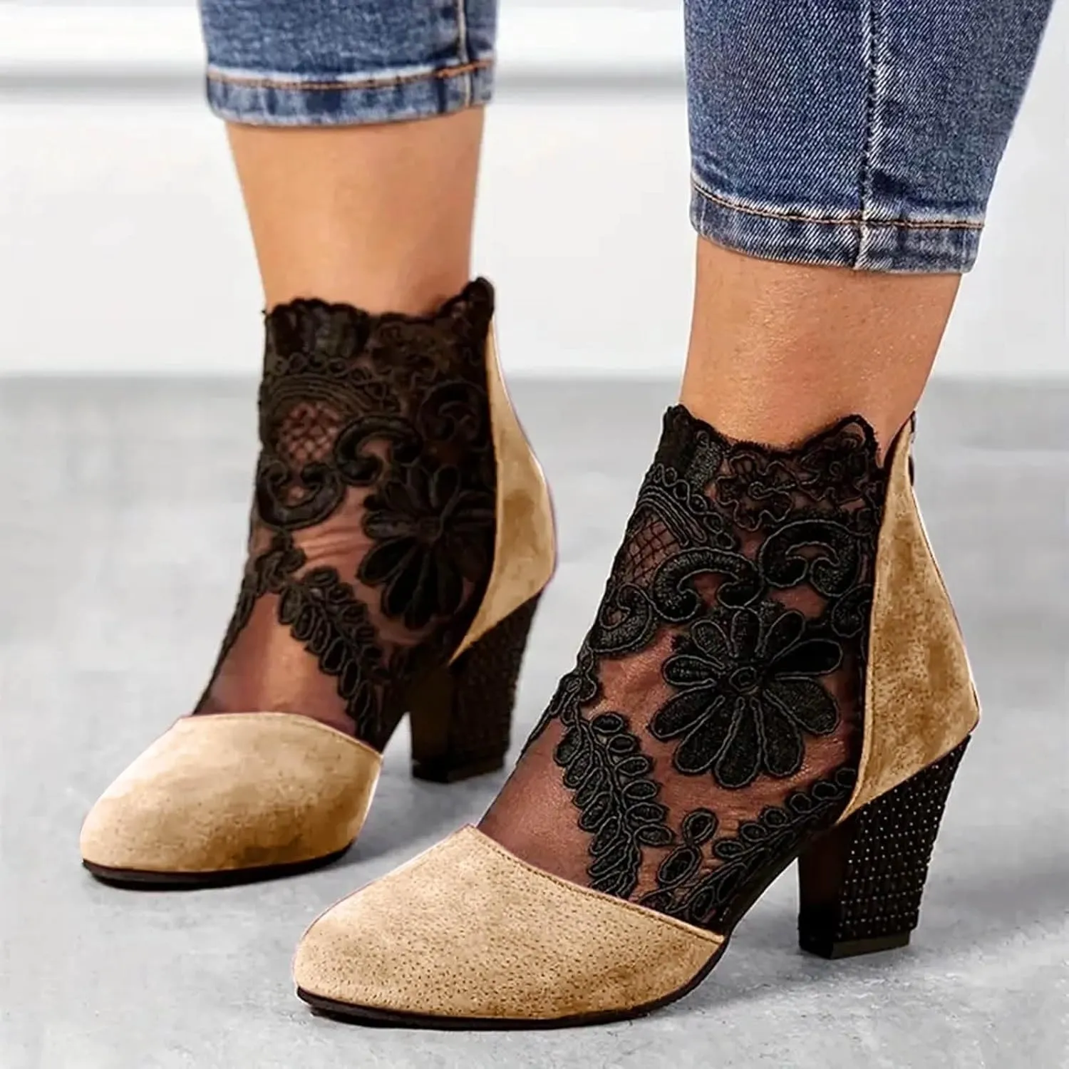 Boots for Women Ankle Booties Back Zipper Chunky Heel Summer Dress Shoes Floral & Lace Mesh Breathable Shoes