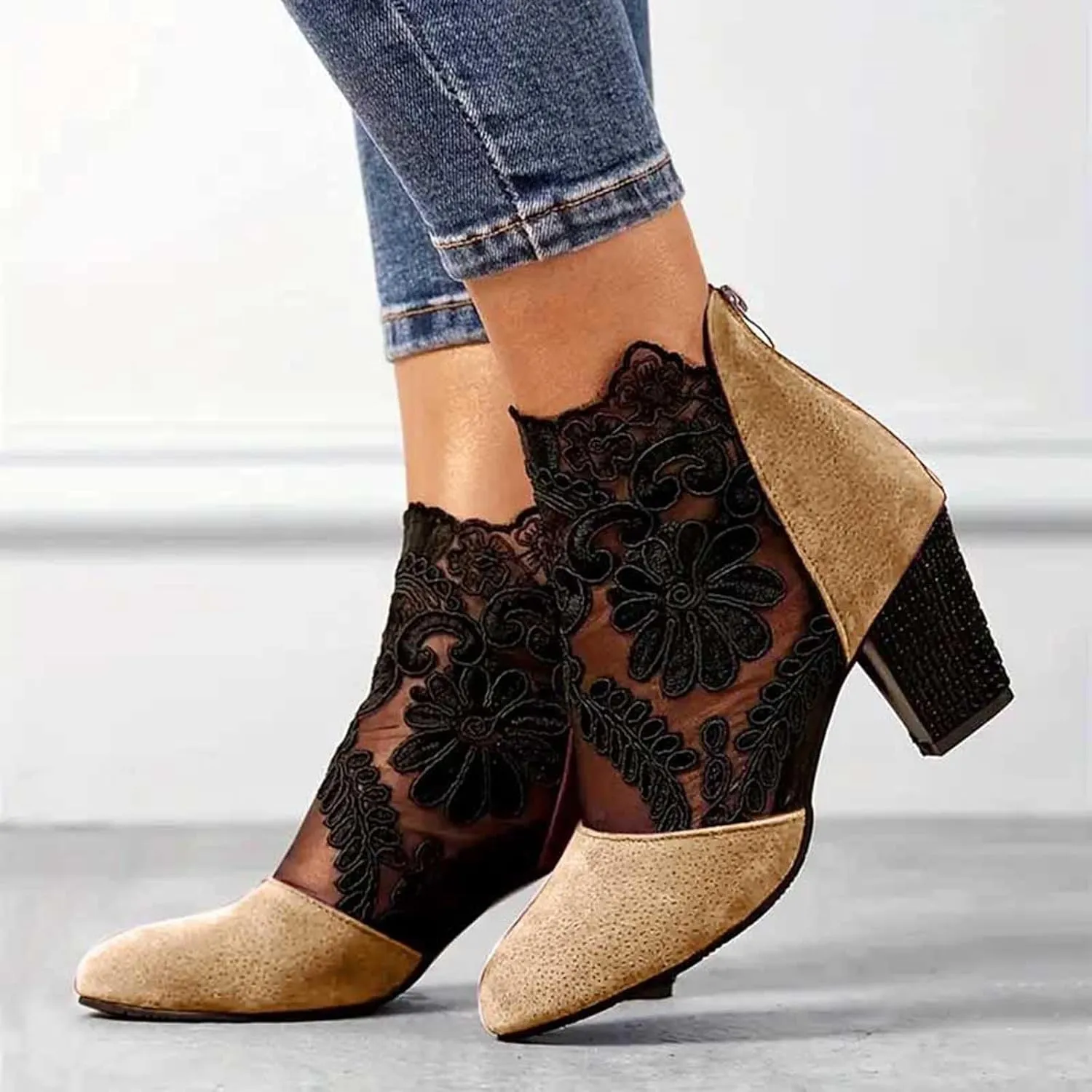 Boots for Women Ankle Booties Back Zipper Chunky Heel Summer Dress Shoes Floral & Lace Mesh Breathable Shoes