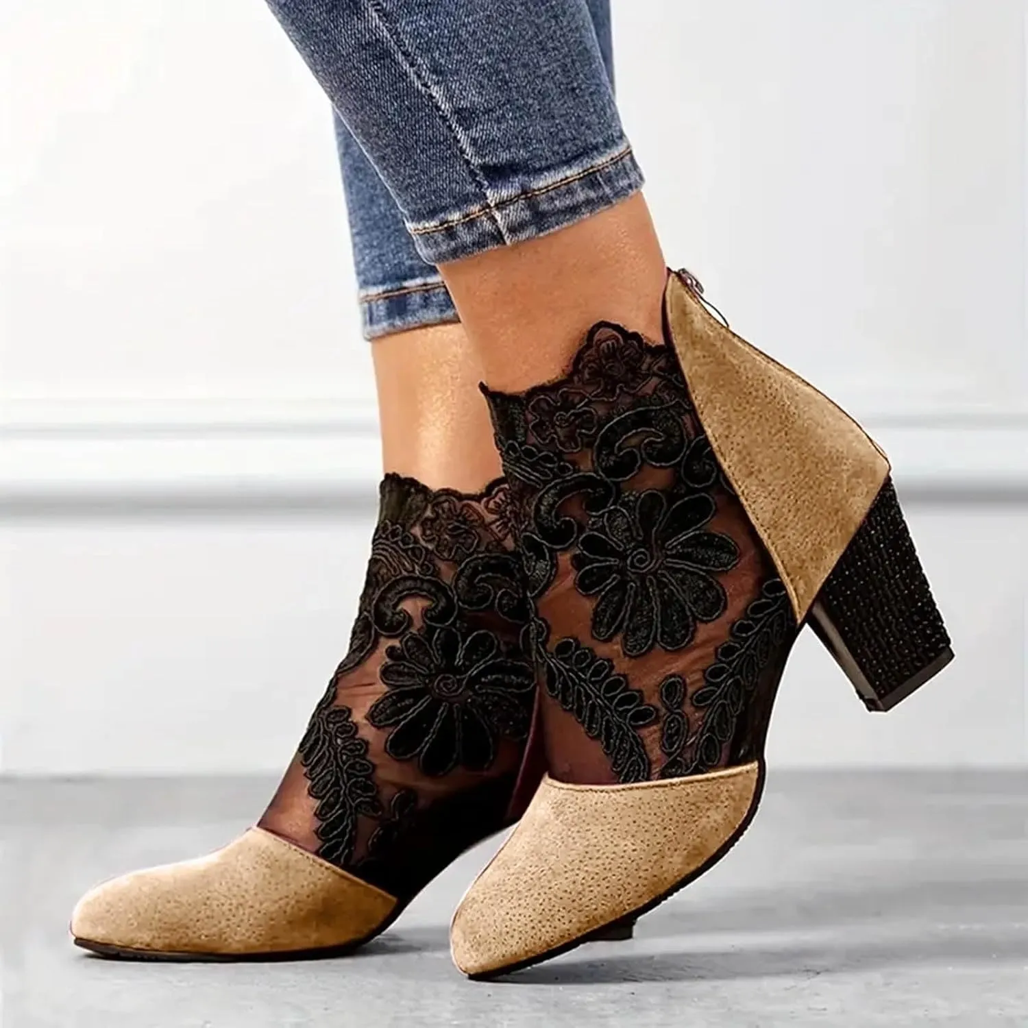 Boots for Women Ankle Booties Back Zipper Chunky Heel Summer Dress Shoes Floral & Lace Mesh Breathable Shoes