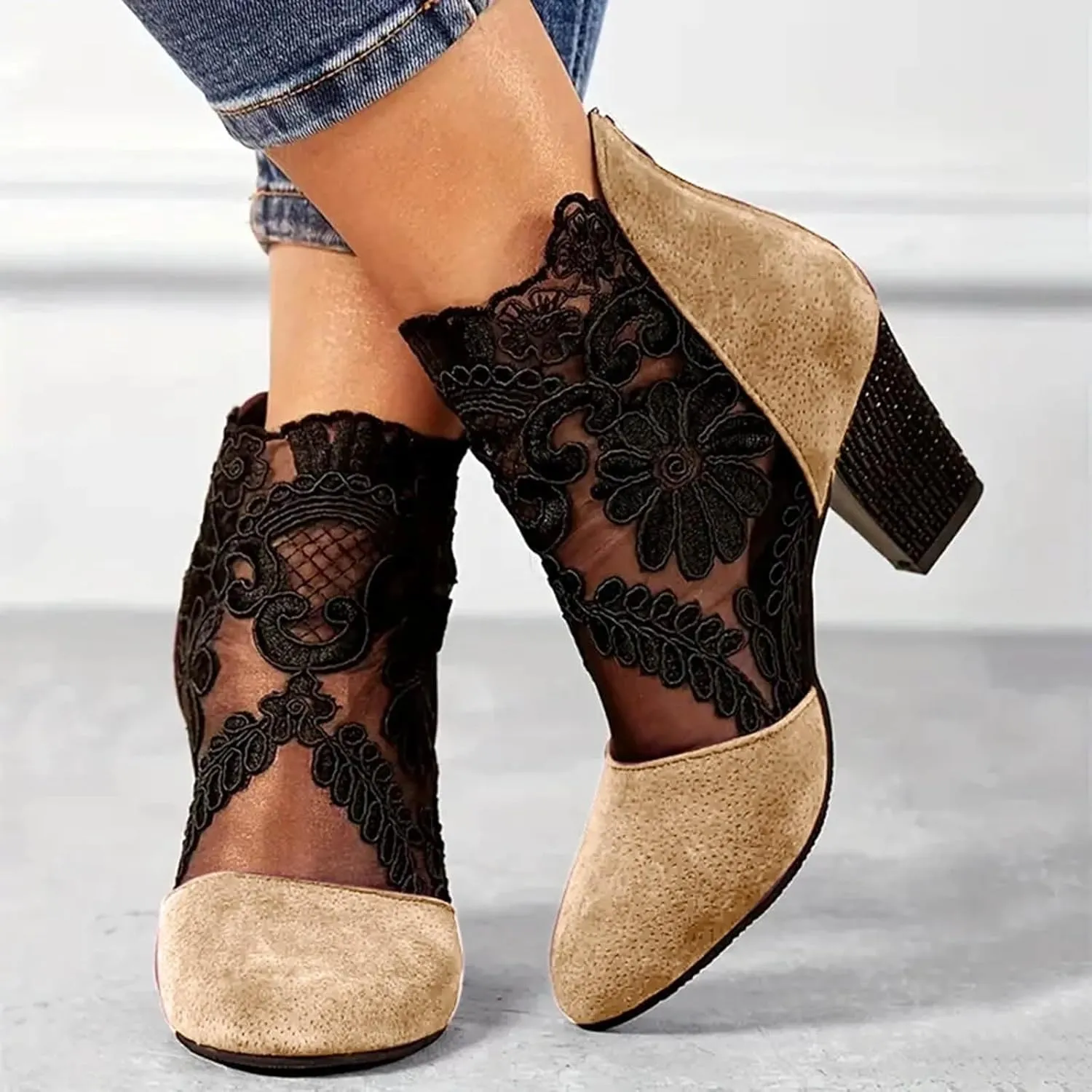 Boots for Women Ankle Booties Back Zipper Chunky Heel Summer Dress Shoes Floral & Lace Mesh Breathable Shoes