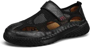 Breathable Men's Leather Hiking Sandals Closed-Toe Outdoor Water Shoes Beach Casual Summer Footwear
