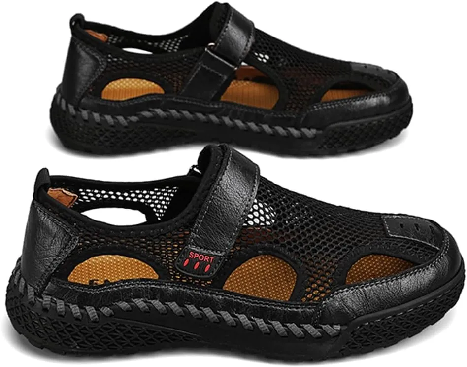 Breathable Men's Leather Hiking Sandals Closed-Toe Outdoor Water Shoes Beach Casual Summer Footwear
