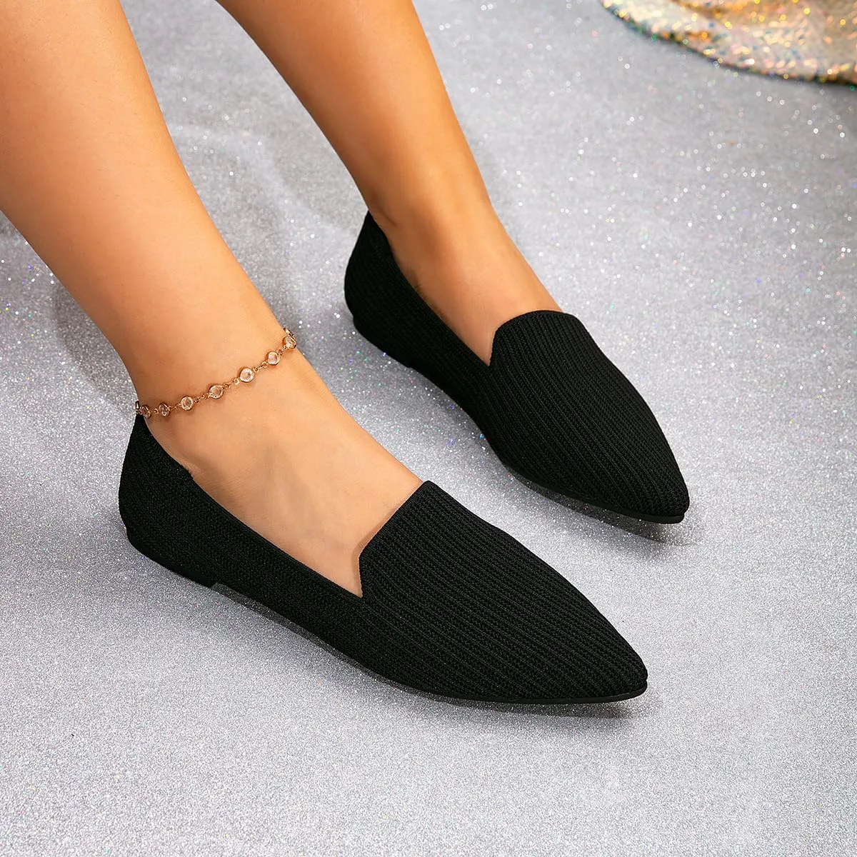 Brown Women's One Size Pointed Toe Slip-On Knit Ballet Flats for Dressy Casual Office Work Walking Flats
