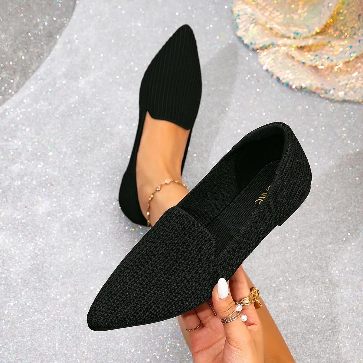 Brown Women's One Size Pointed Toe Slip-On Knit Ballet Flats for Dressy Casual Office Work Walking Flats