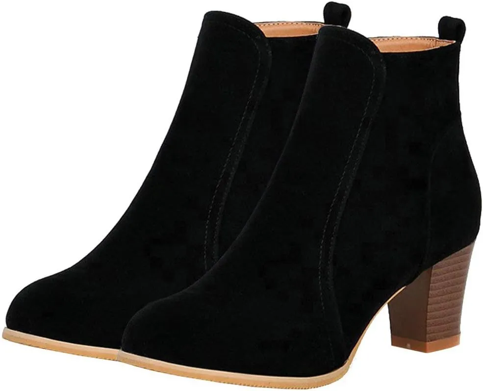 Caradise Womens Stacked Chunky Heeled Boots Faux Suede Zip Up Autumn Winter Booties