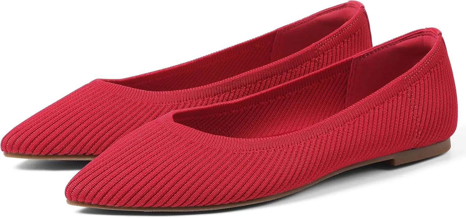 CELNEPHO Red Women's Comfortable Knit Mary Jane Flats - Pointed Toe, Slip On, Arch Support, Washable, Casual & Dressy Shoes - US Size 11