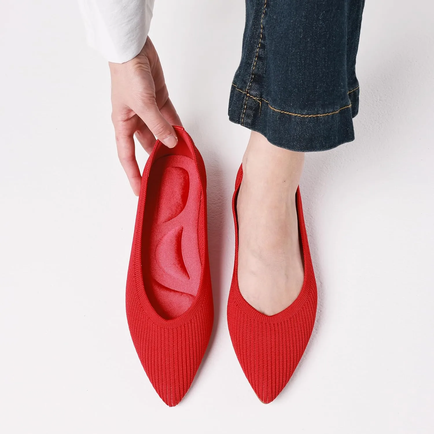 CELNEPHO Red Women's Comfortable Knit Mary Jane Flats - Pointed Toe, Slip On, Arch Support, Washable, Casual & Dressy Shoes - US Size 11