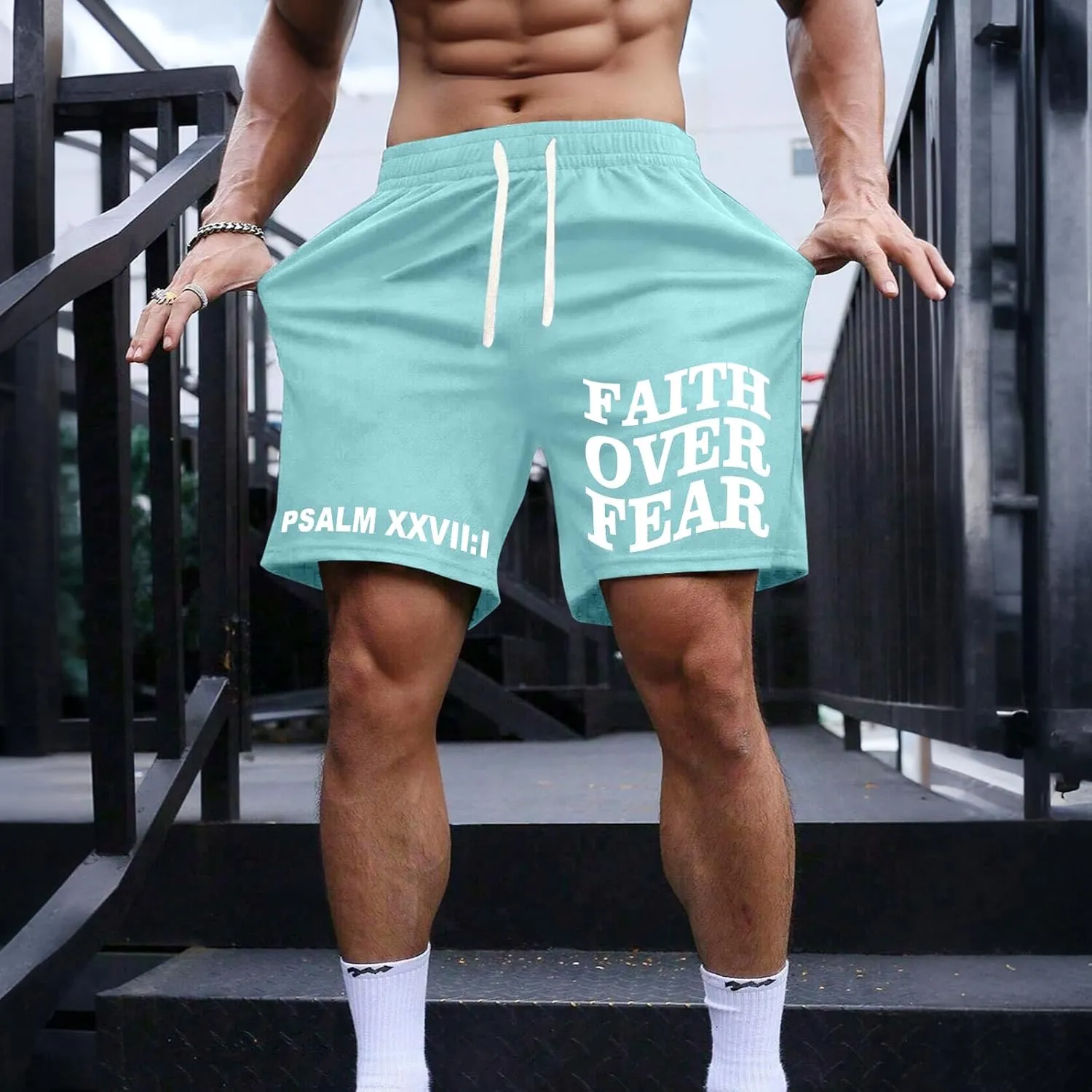 Christian Faith Over Fear Graphic Shorts for Men High Waist Elastic Casual Workout Athletic Gym Shorts with Pockets