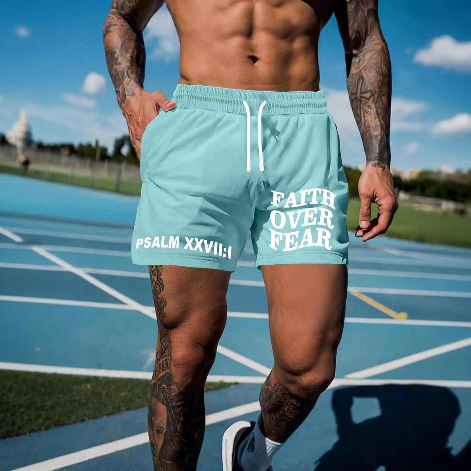 Christian Faith Over Fear Graphic Shorts for Men High Waist Elastic Casual Workout Athletic Gym Shorts with Pockets