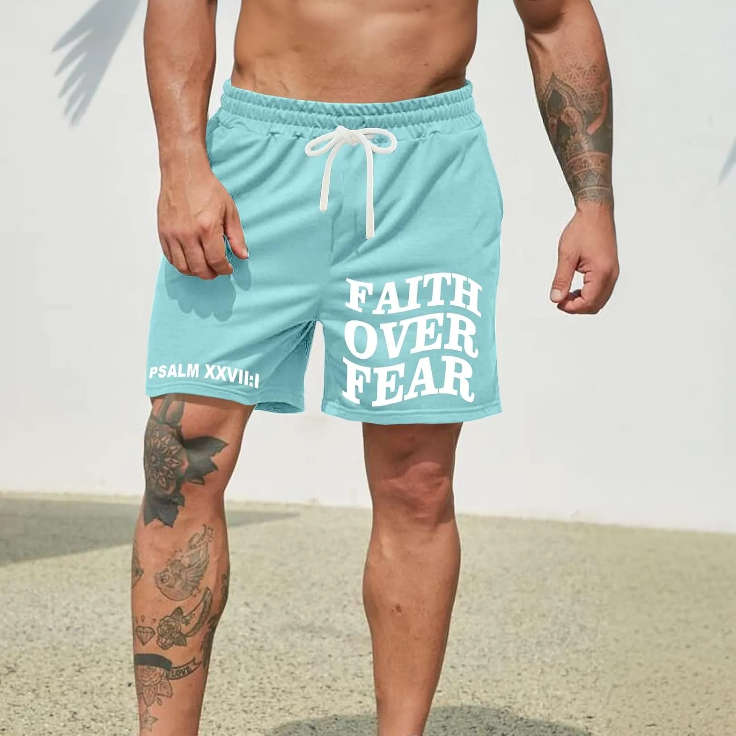 Christian Faith Over Fear Graphic Shorts for Men High Waist Elastic Casual Workout Athletic Gym Shorts with Pockets