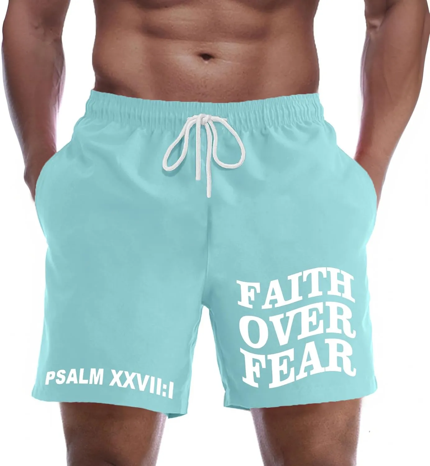Christian Faith Over Fear Graphic Shorts for Men High Waist Elastic Casual Workout Athletic Gym Shorts with Pockets