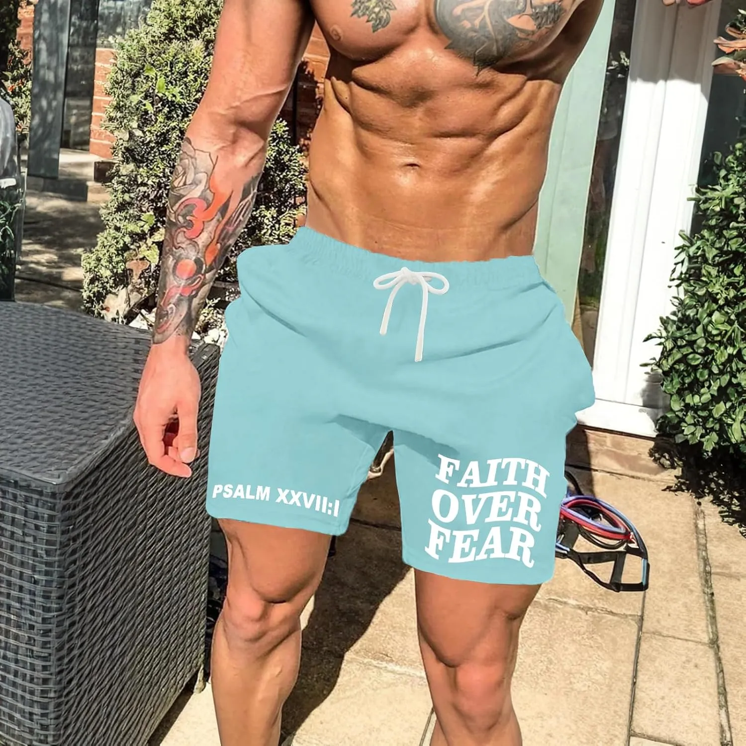 Christian Faith Over Fear Graphic Shorts for Men High Waist Elastic Casual Workout Athletic Gym Shorts with Pockets