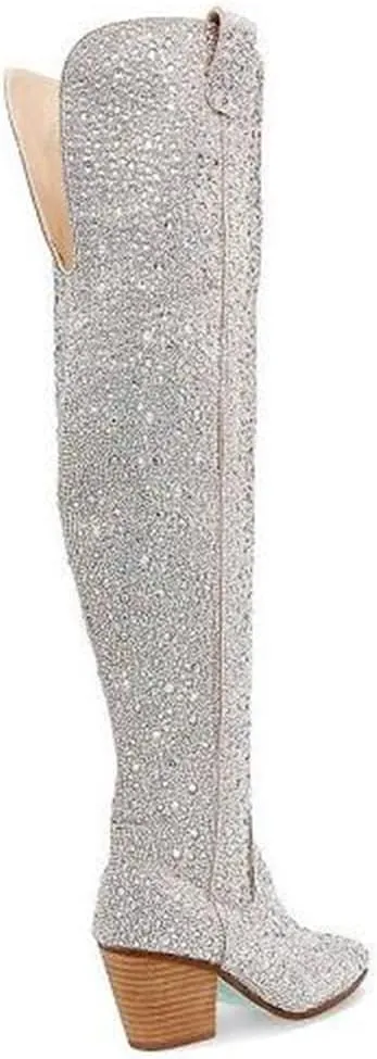 CKSNDLF Women's Cowboy Boots Cowgirl Rhinestones Western Boots Pointed Toe Chunky Stacked Heel Sparkly Glitter Bling Shoes