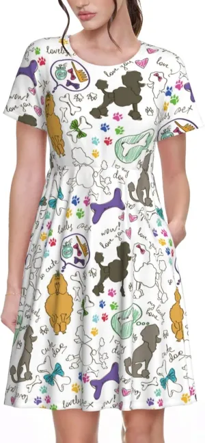 Colorful Poodle Dog for Women's Casual Short Sleeve Dress with Pockets Dress for Summer,Travel,Lounging-