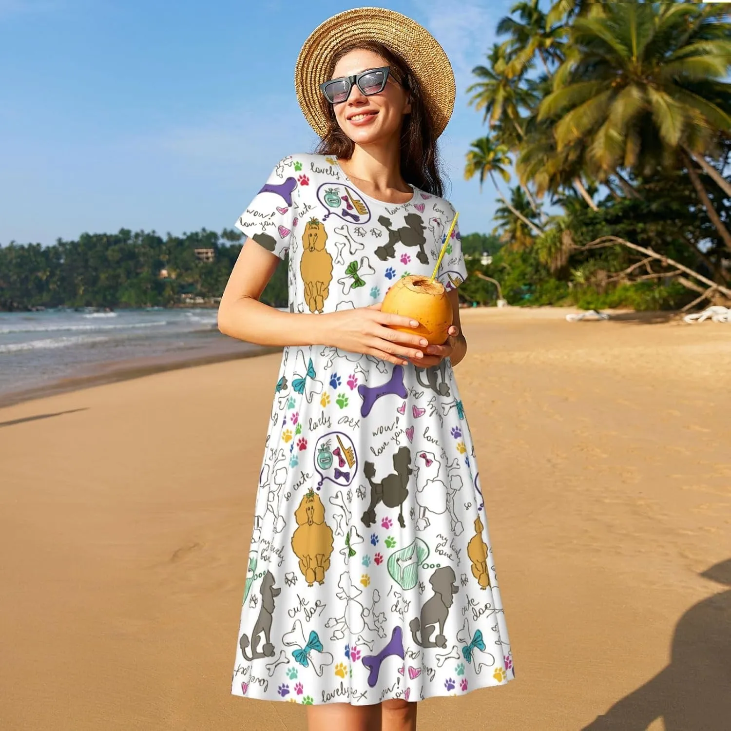 Colorful Poodle Dog for Women's Casual Short Sleeve Dress with Pockets Dress for Summer,Travel,Lounging-
