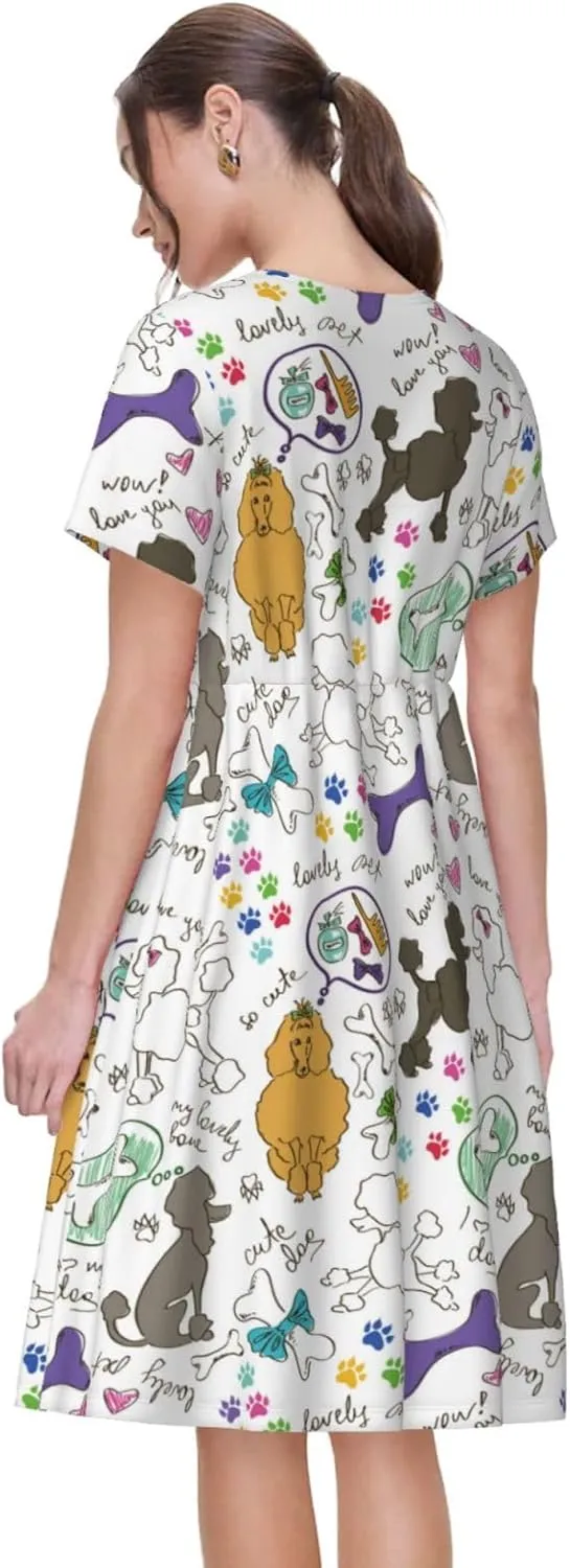 Colorful Poodle Dog for Women's Casual Short Sleeve Dress with Pockets Dress for Summer,Travel,Lounging-